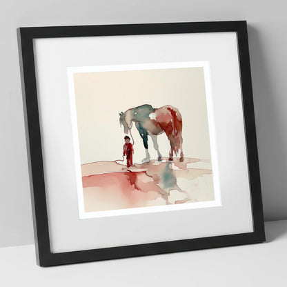 A Bond Beyond Words horse & rider art print in black frame