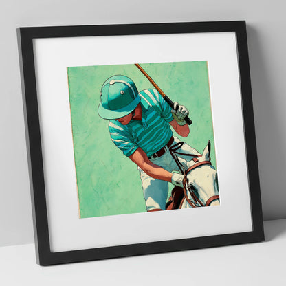 The Striker's Focus polo horse art print in black frame