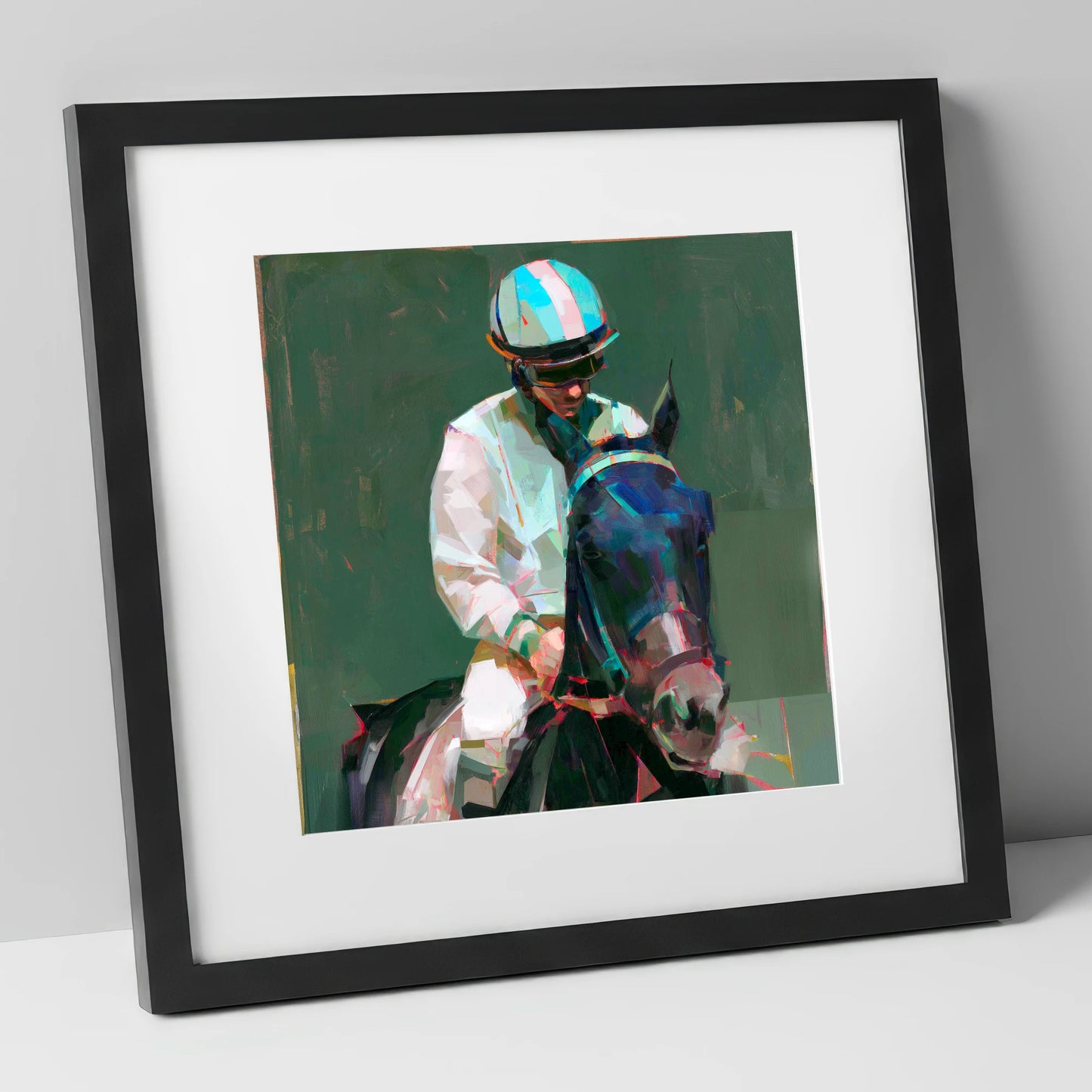 Pre-Race Focus racing horse art print in black frame