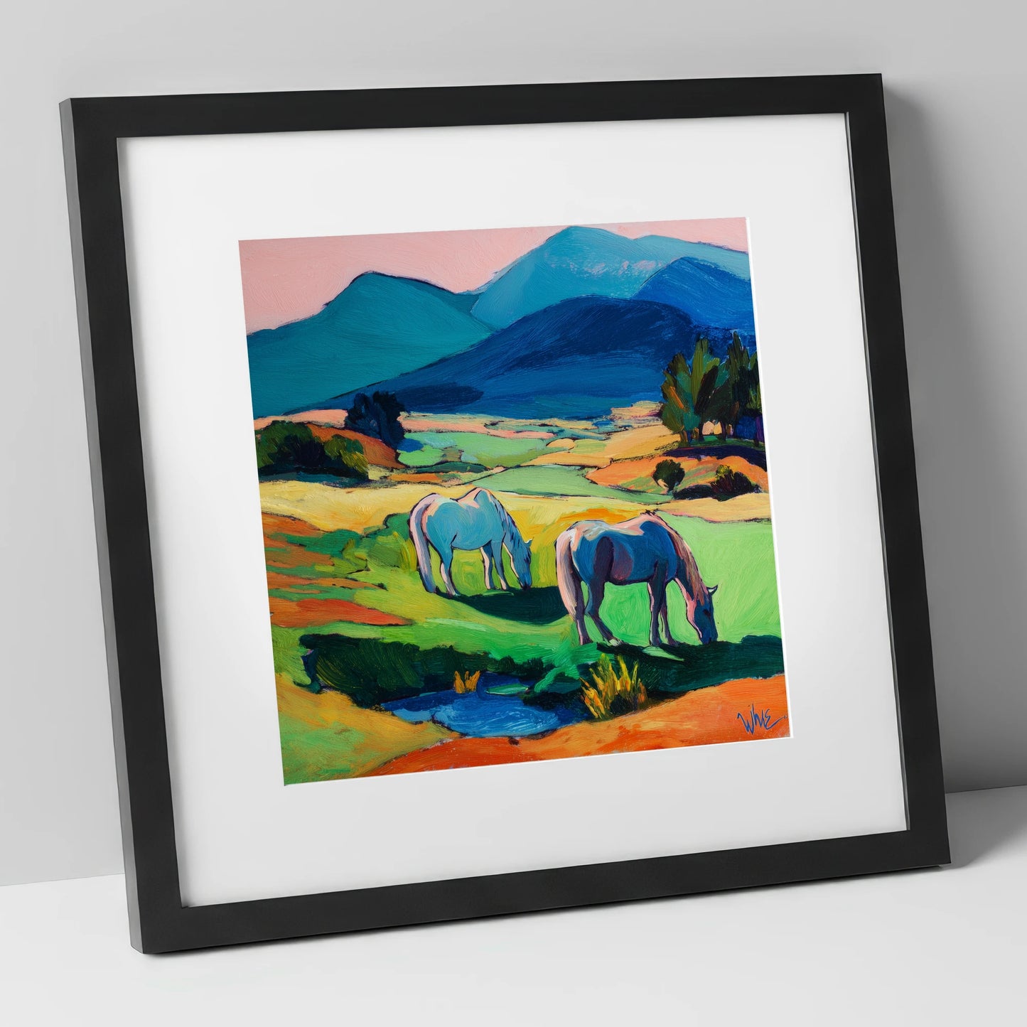 Painted Valley Grazing horse landscape art print in black frame