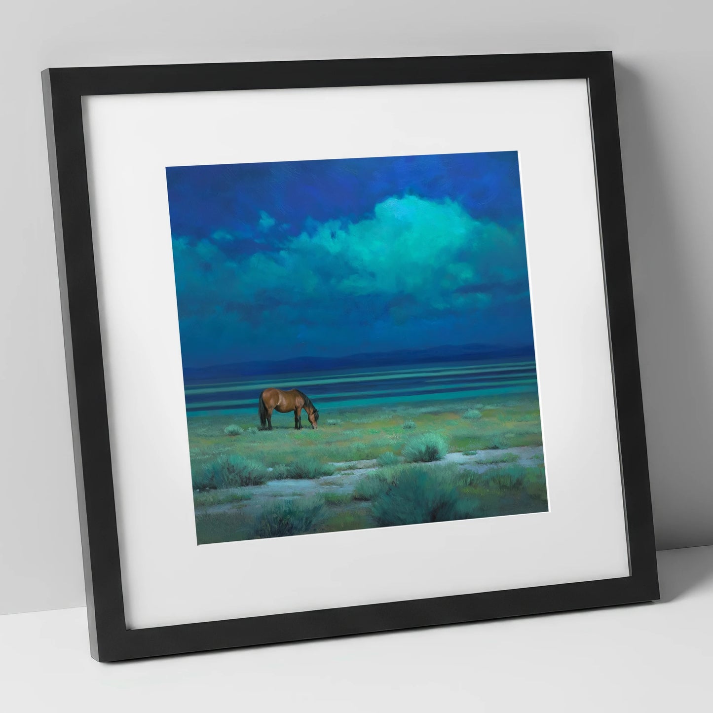 Midnight Solitude horse landscape art print in black frame
