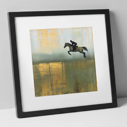 Gilded Suspension show jumping horse art print in black frame