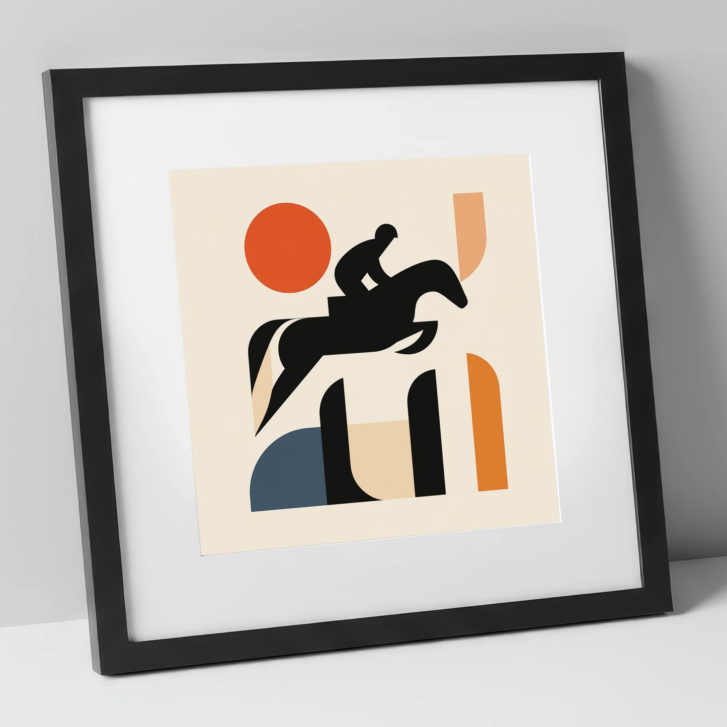 Geometric Showjumping Silhouette show jumping horse art print in black frame