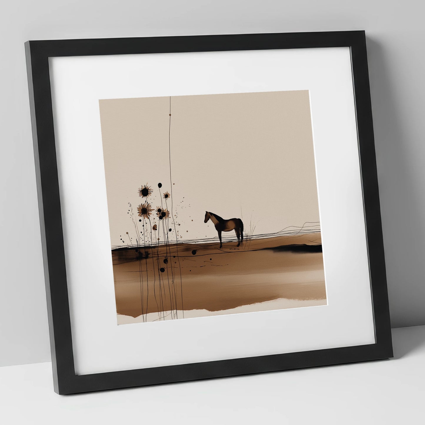 Stillness in Sepia horse landscape art print in black frame