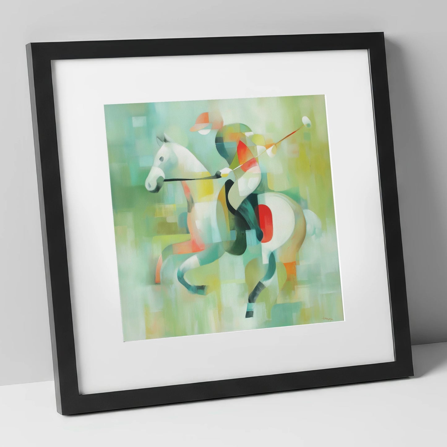 Abstract Polo Canter polo horse art print in black frame