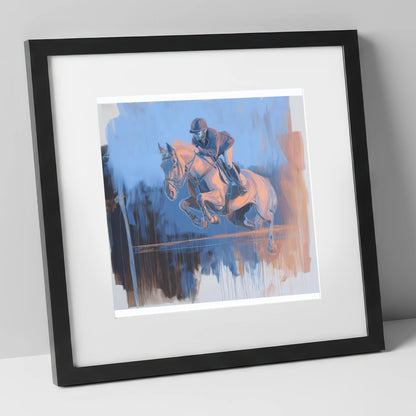 Suspended Over Cobalt show jumping horse art print in black frame