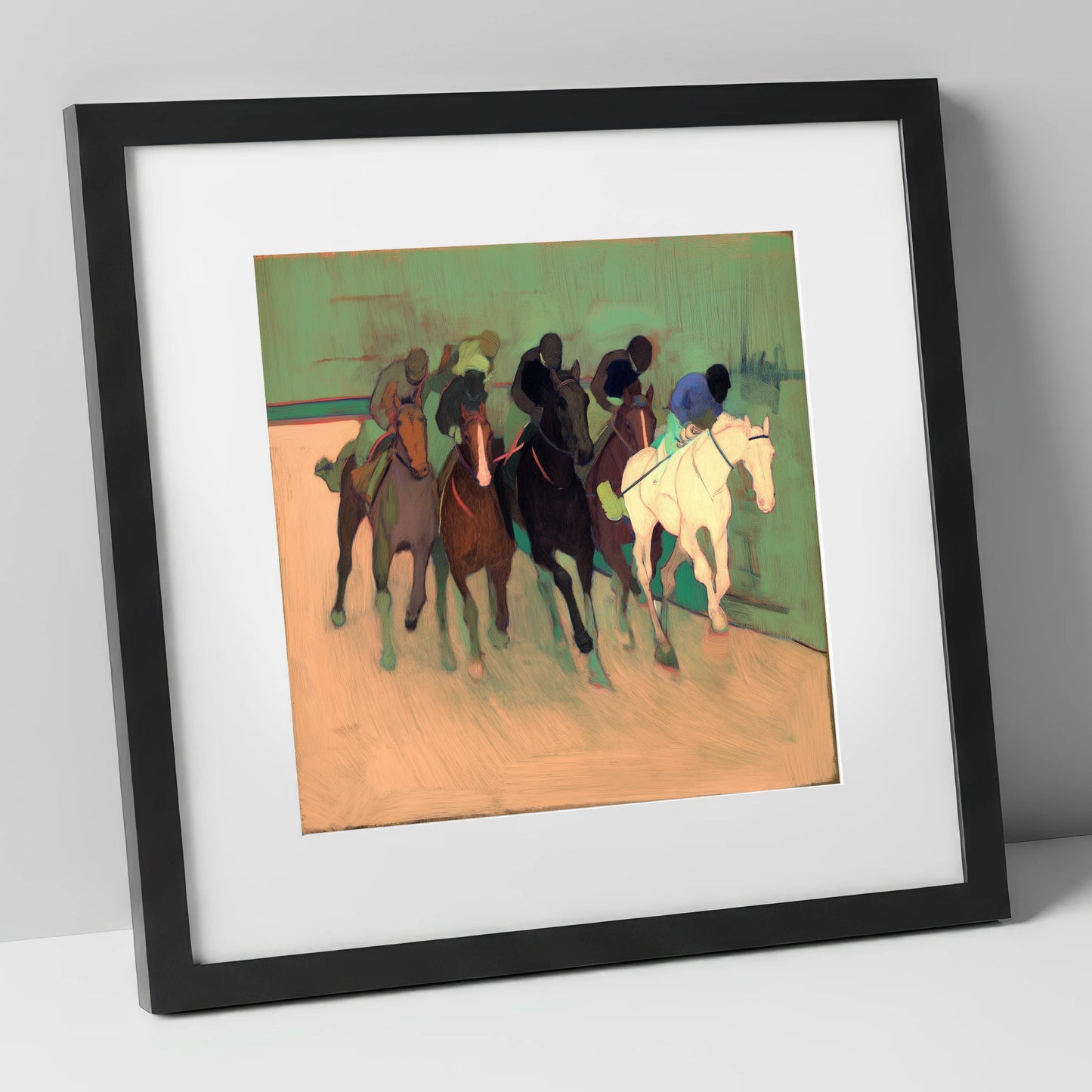 The Front Runners racing horse art print in black frame