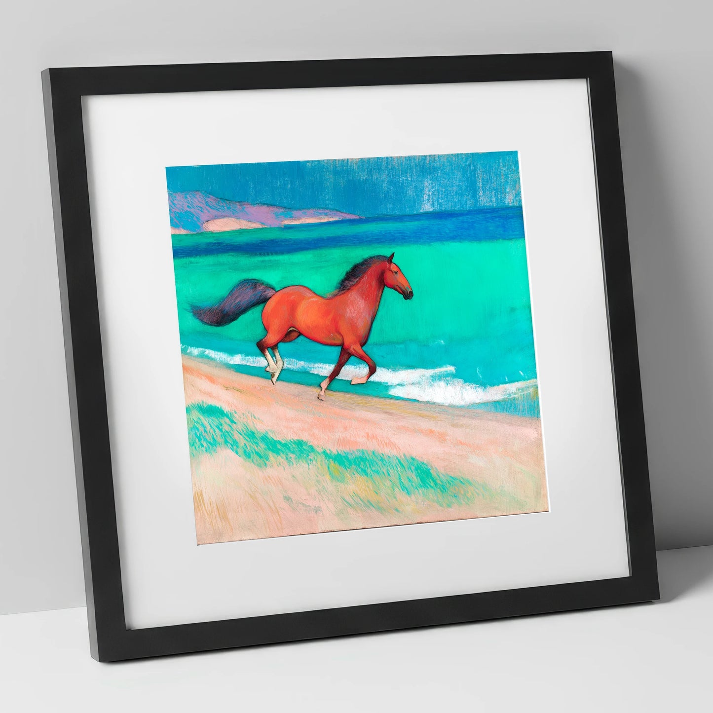 Crimson Coastal Canter horse landscape art print in black frame