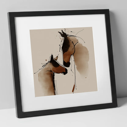 Tender Sepia Bond mare & foal art print in black frame
