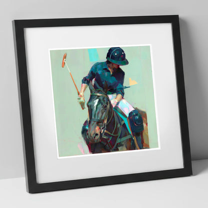 The Decisive Strike polo horse art print in black frame