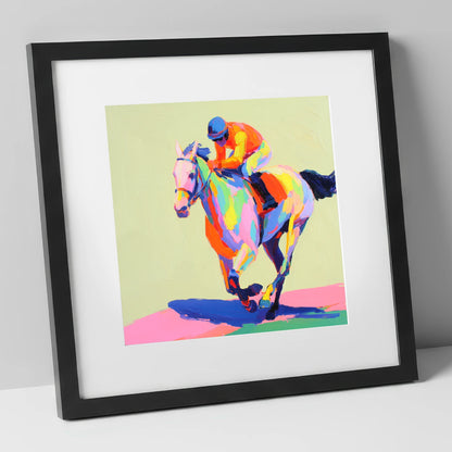 Technicolour Sprint racing horse art print in black frame