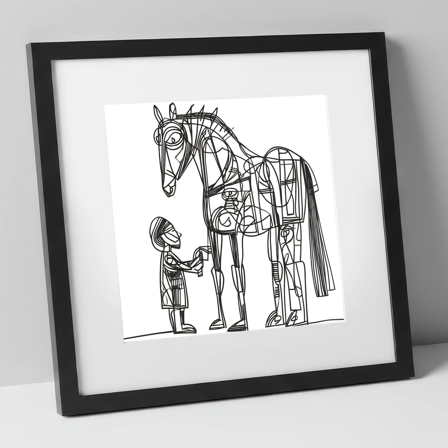Linear Harmony horse & rider art print in black frame