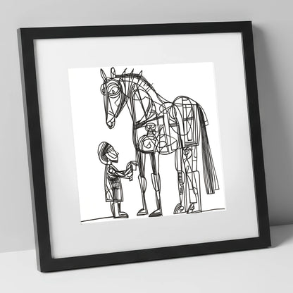 Linear Harmony horse & rider art print in black frame