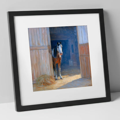 Sunlit Barn Doorway horse stable art print in black frame