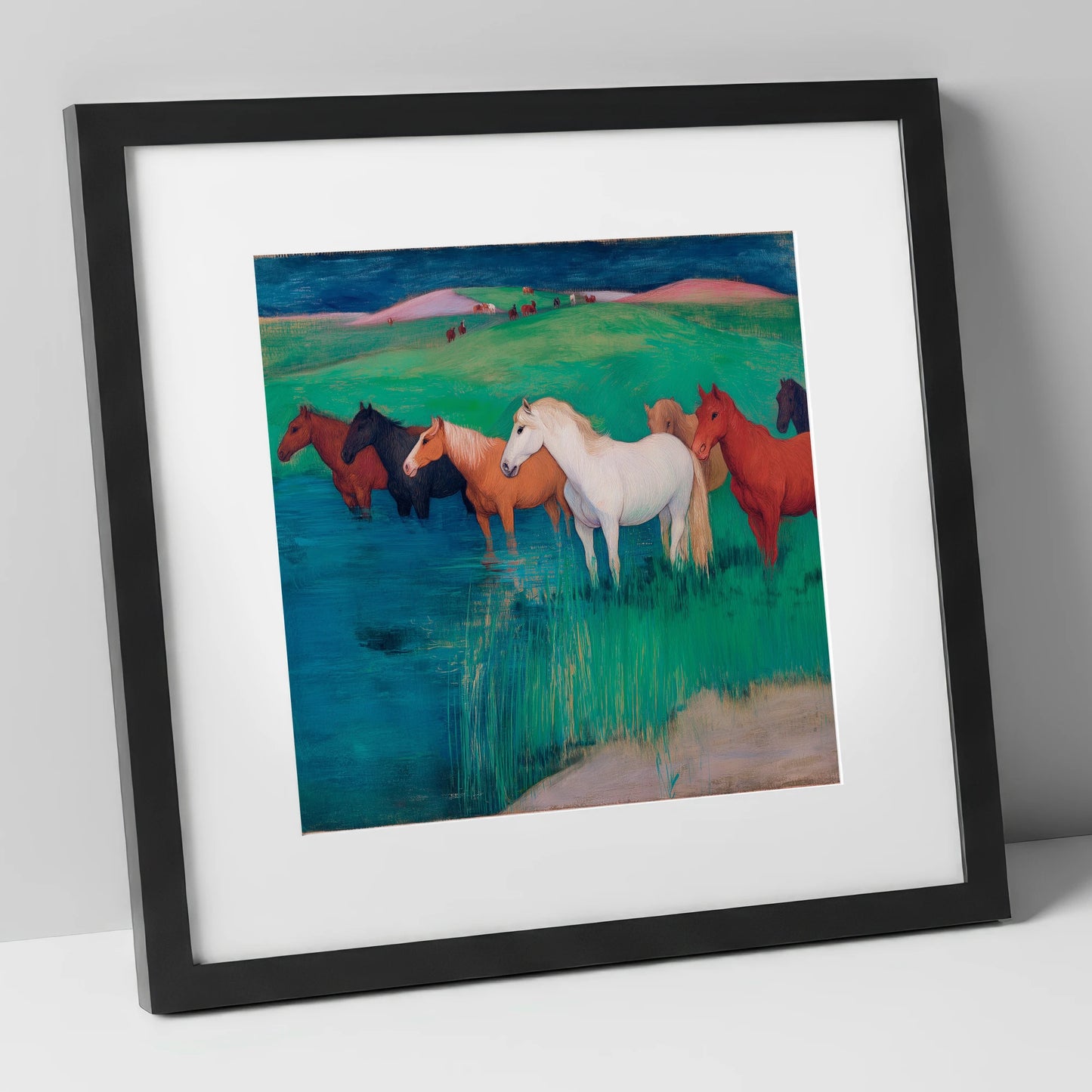 The Emerald Shallows wild horses art print in black frame