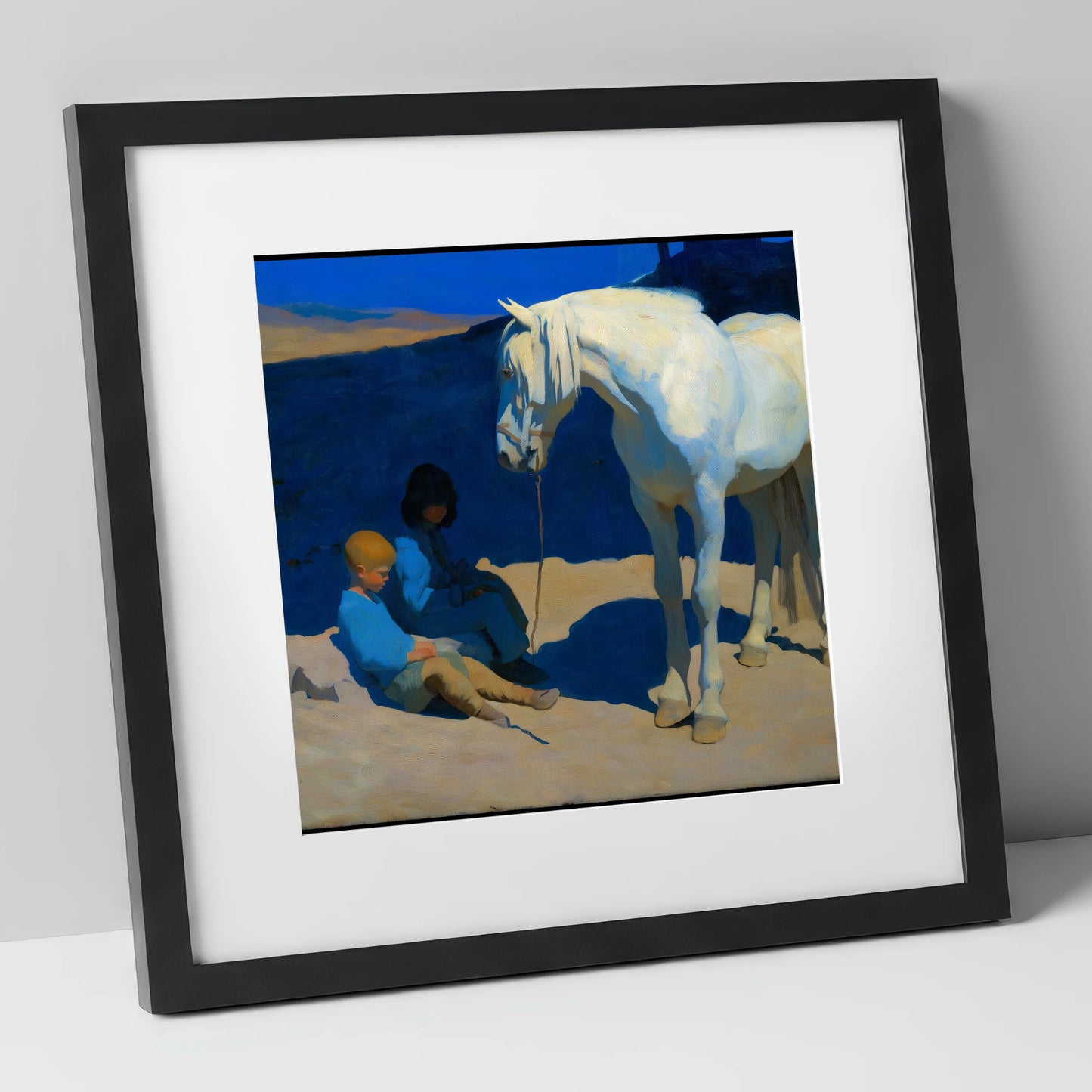 Azure and Ivory Bond horse & rider art print in black frame