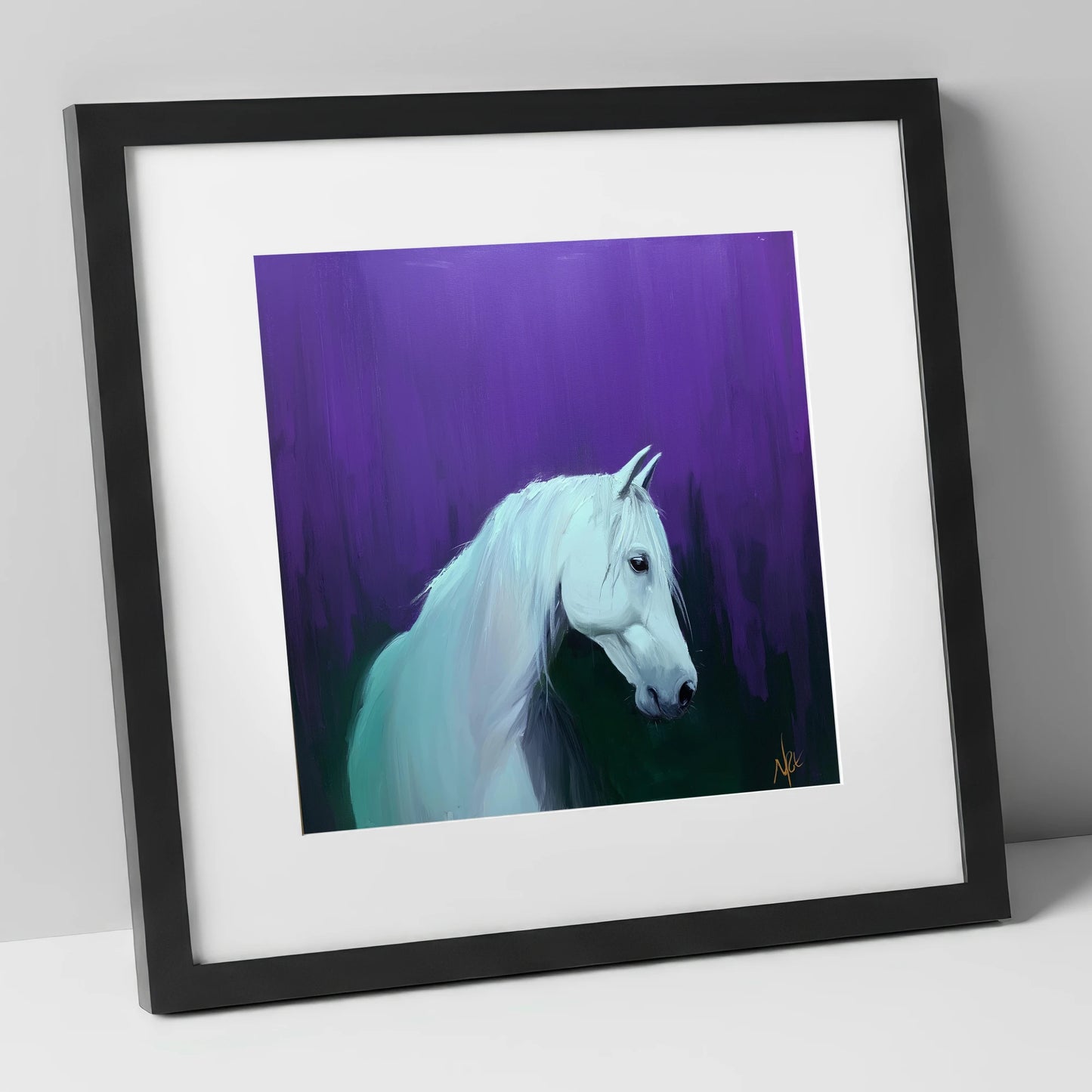Ethereal Grey in Violet horse breed art print in black frame