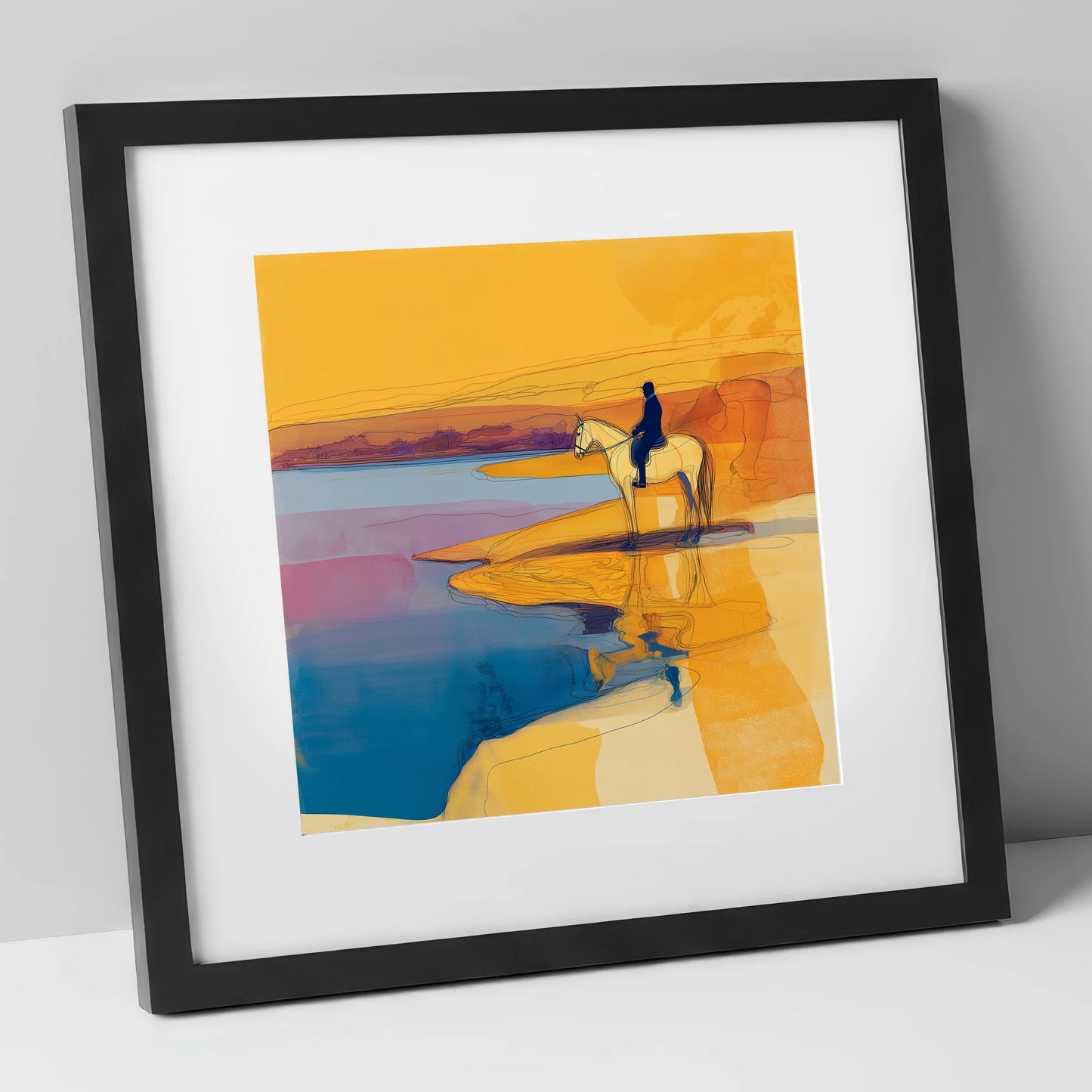 Golden Tide Silhouette beach horse art print in black frame