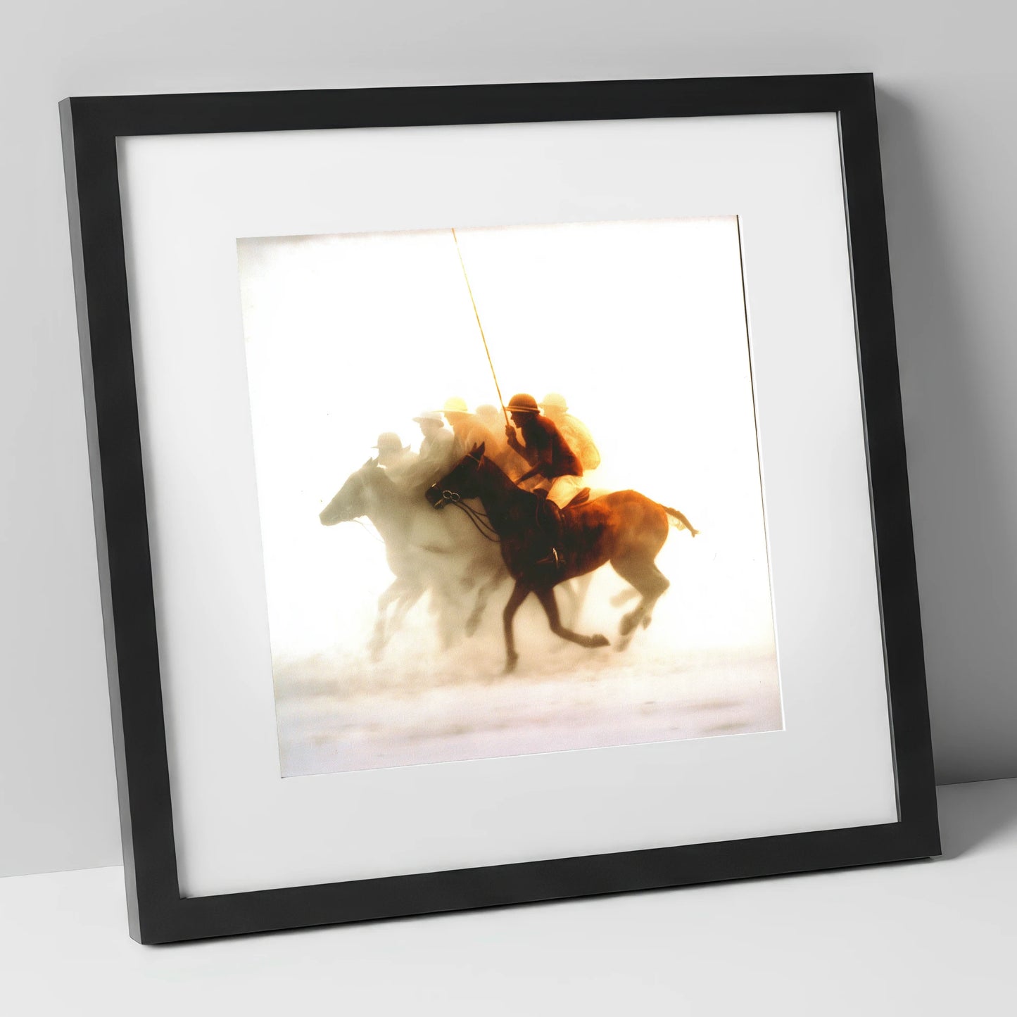 Through the Golden Haze polo horse art print in black frame