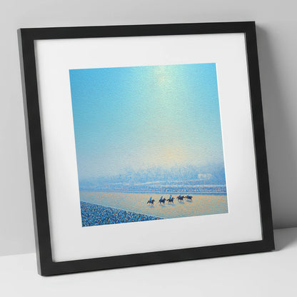 Luminous Morning Race racing horse art print in black frame