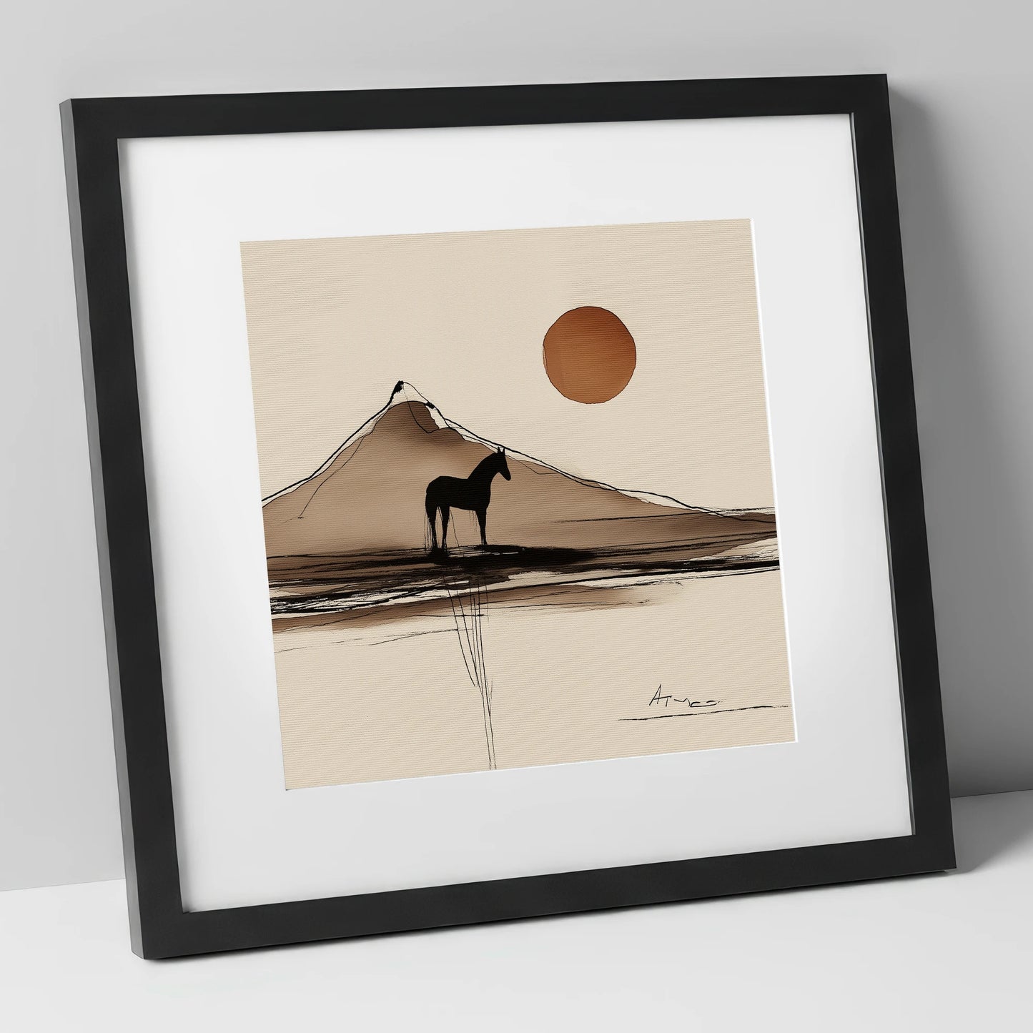Sepia Mountain Silhouette horse landscape art print in black frame