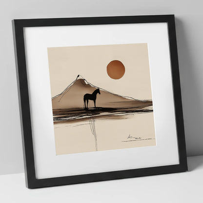 Sepia Mountain Silhouette horse landscape art print in black frame