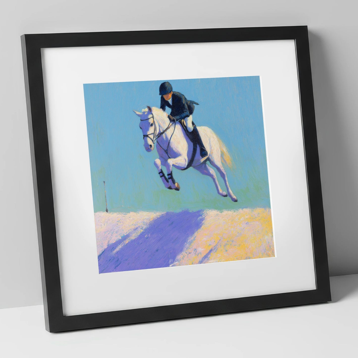 Airborne in Violet Light show jumping horse art print in black frame