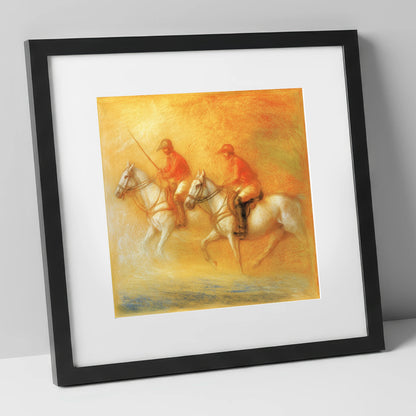Golden Hour Polo polo horse art print in black frame