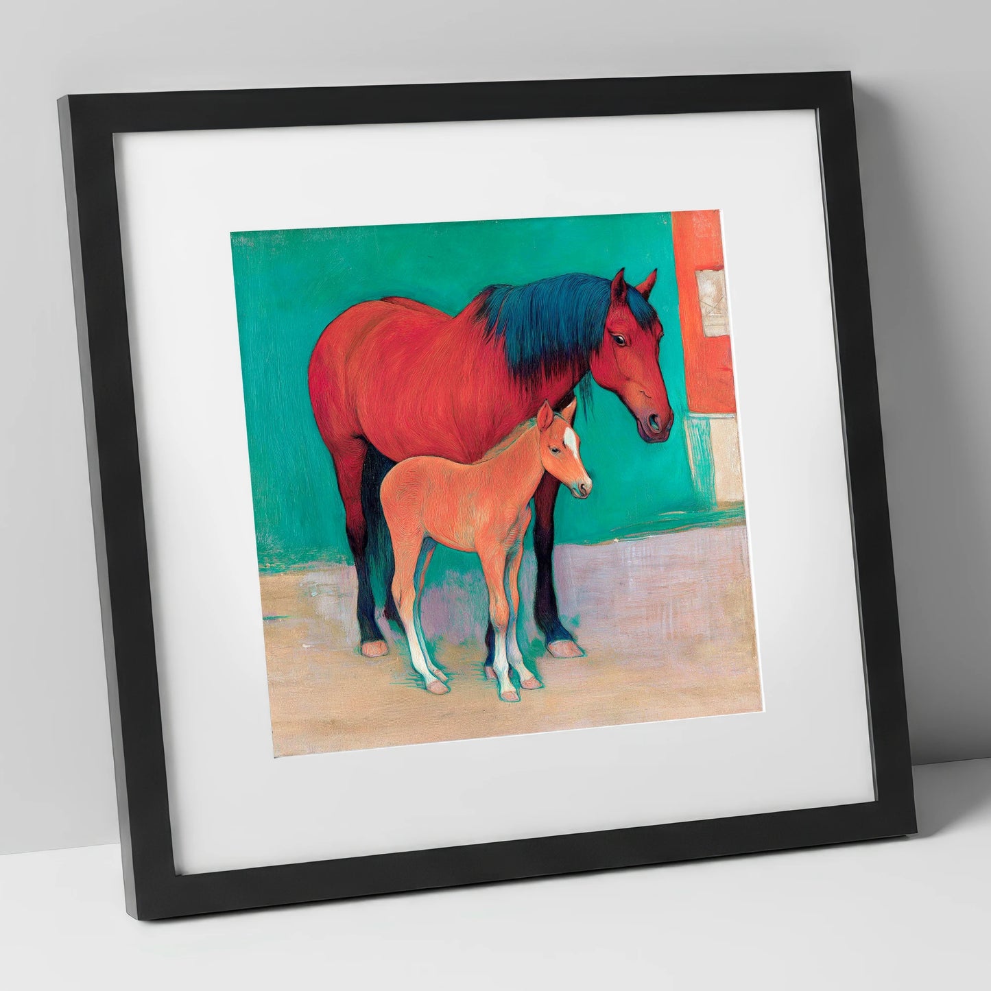 Crimson Mare and Foal mare & foal art print in black frame