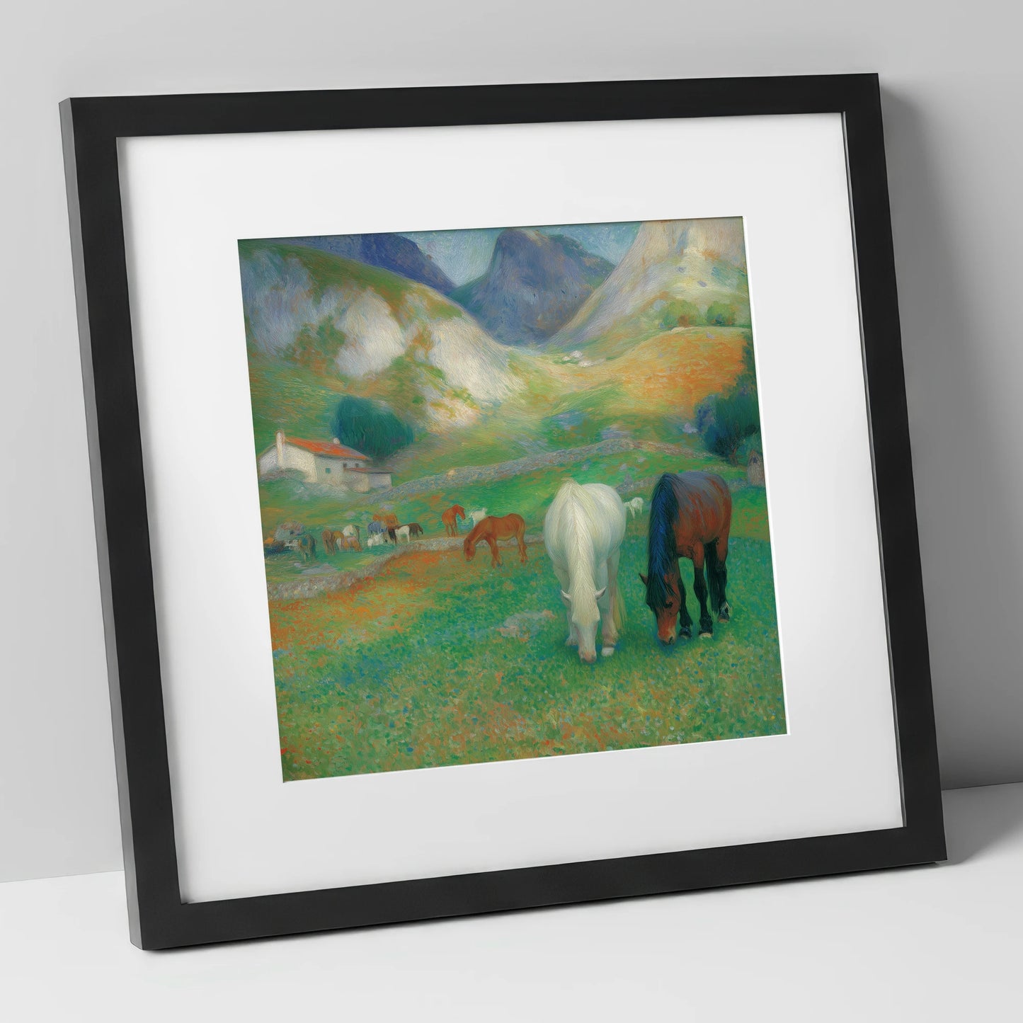 Vibrant Valley Pasture horse landscape art print in black frame