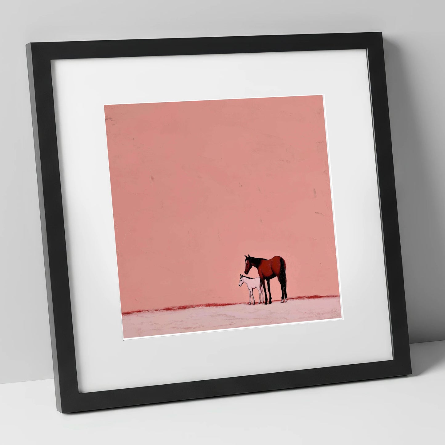Dusty Rose Bond mare & foal art print in black frame