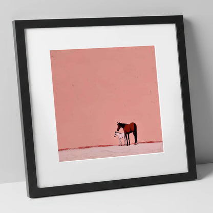 Dusty Rose Bond mare & foal art print in black frame