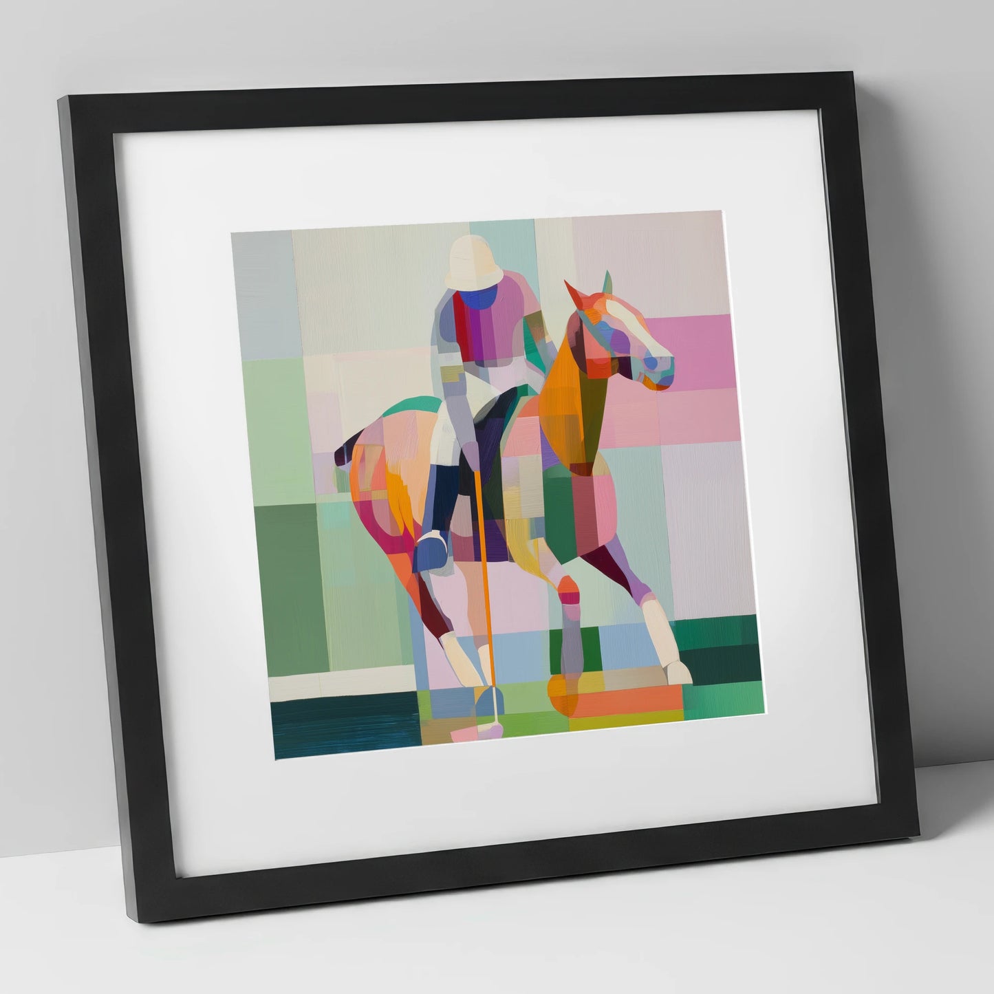 Geometric Polo Strike polo horse art print in black frame