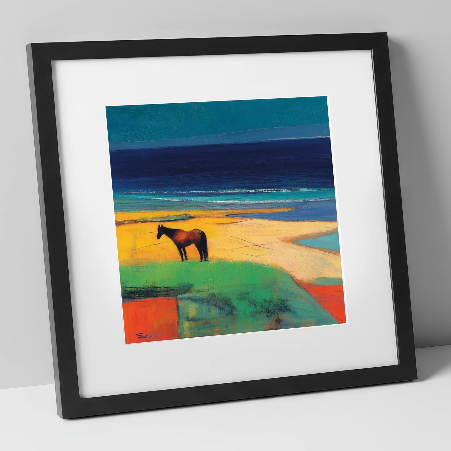 Vibrant Coastal Solitude horse landscape art print in black frame