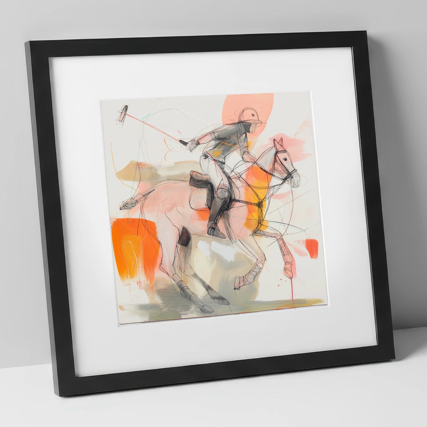 The Decisive Swing polo horse art print in black frame