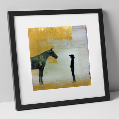 Golden Western Silhouette western horse art print in black frame