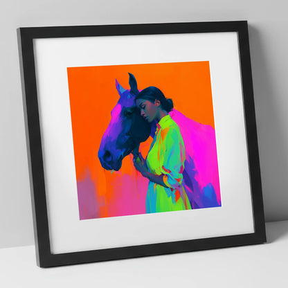 Technicolour Bond horse & rider art print in black frame