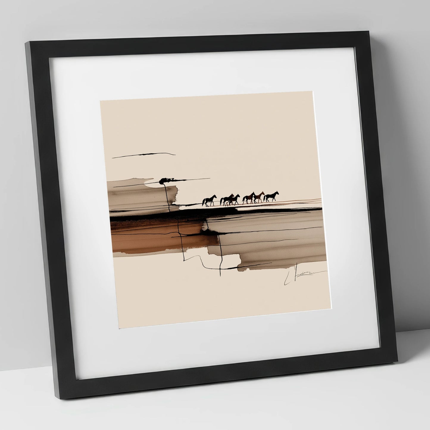 The Distant Herd horse landscape art print in black frame