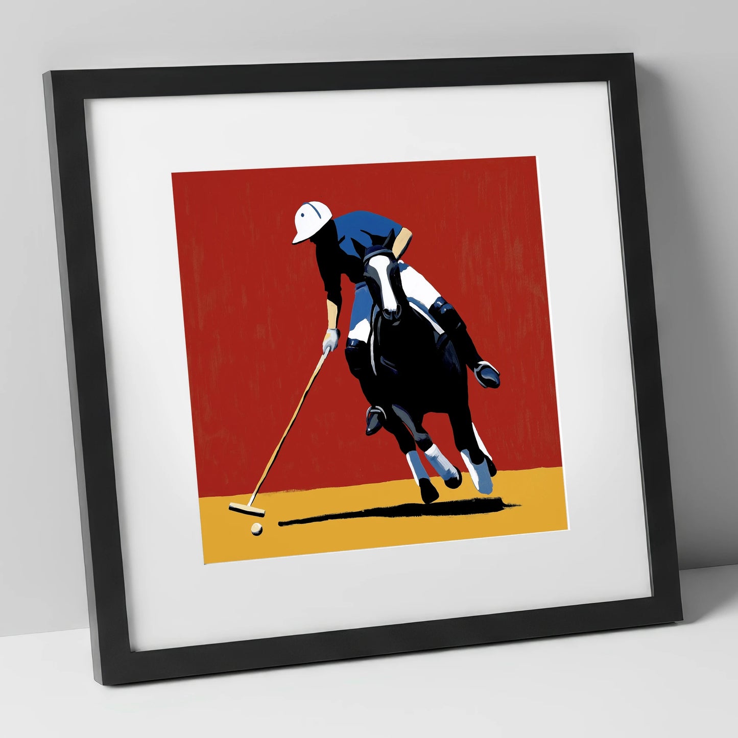The Scarlet Pursuit polo horse art print in black frame