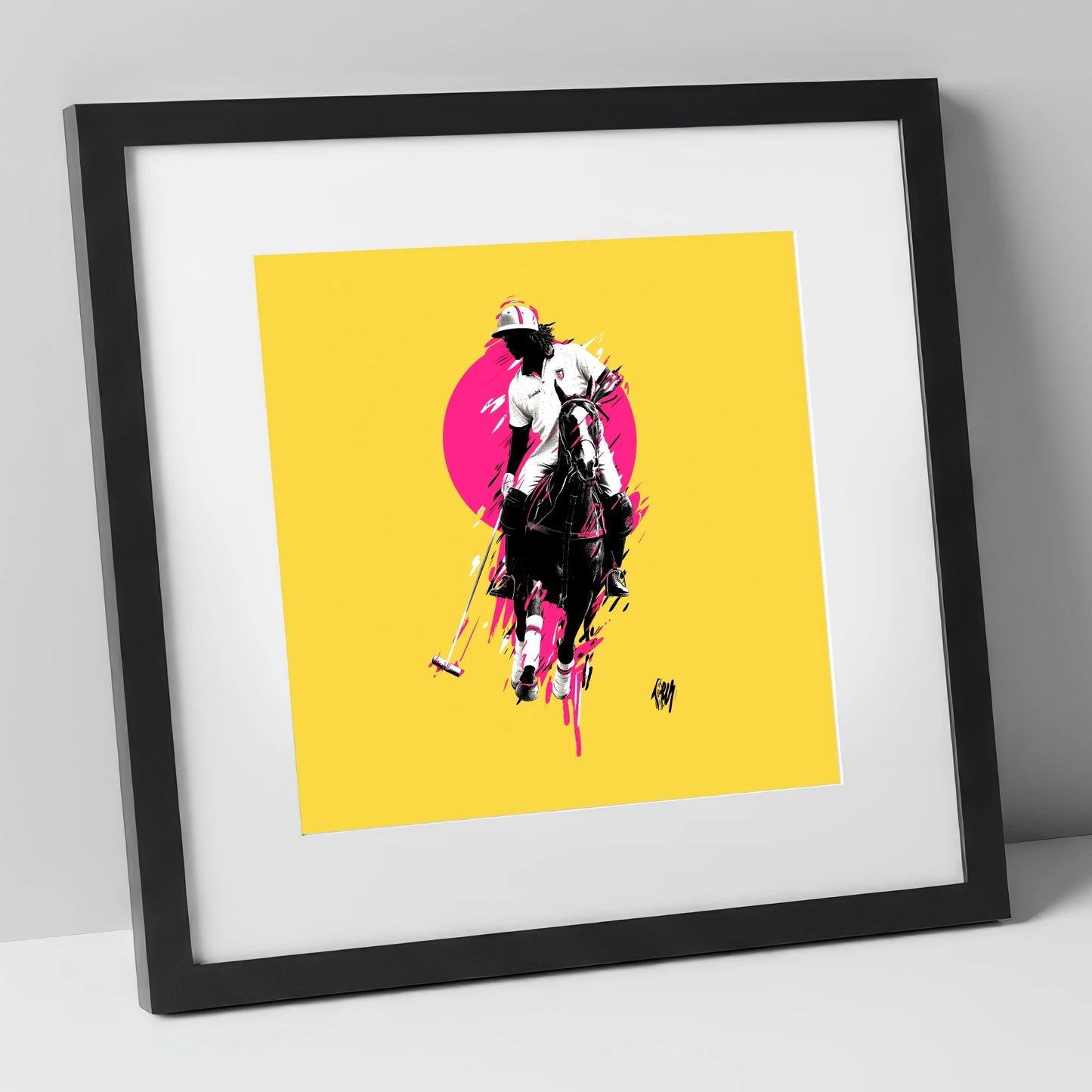 The Vibrant Chukka polo horse art print in black frame