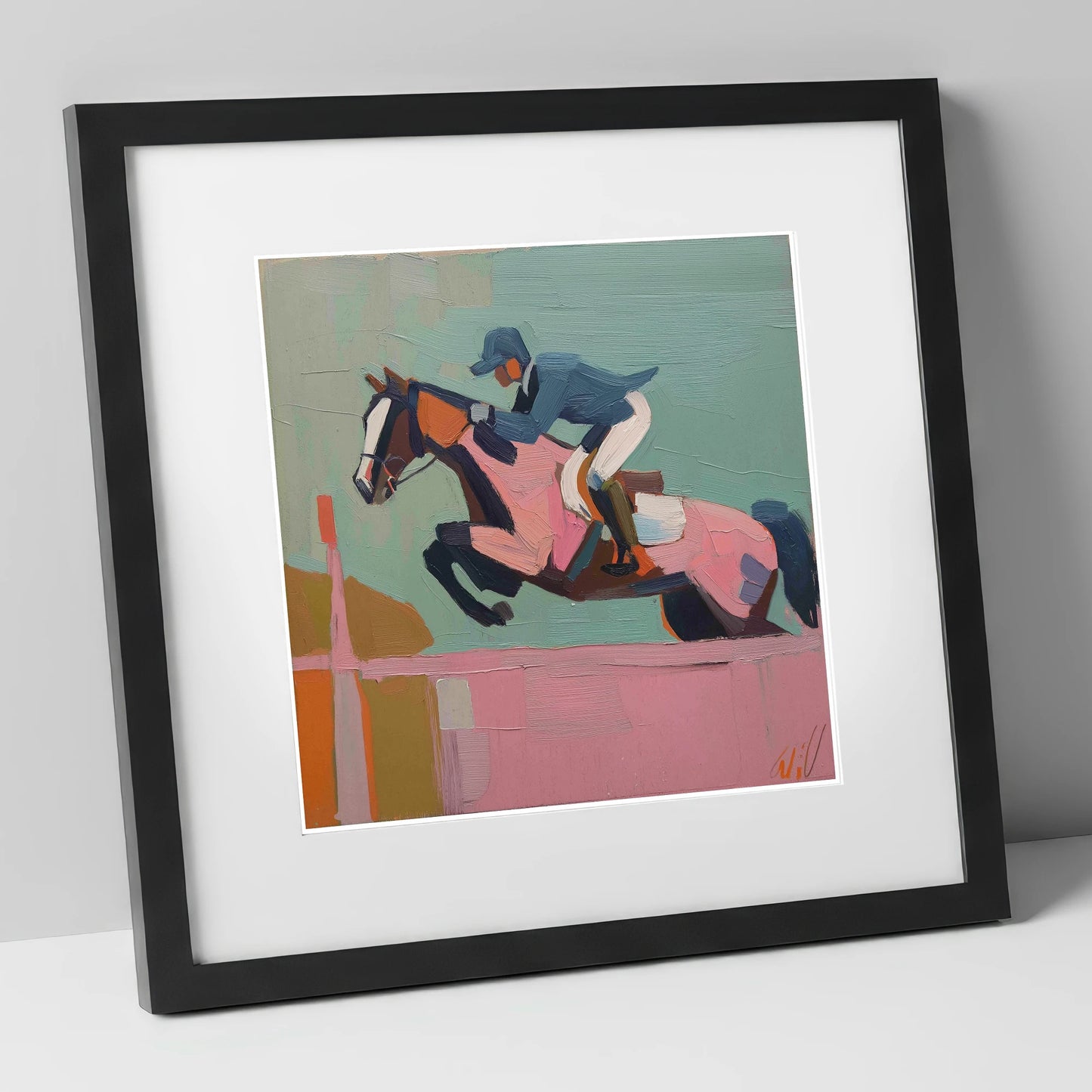 Apex of the Arc show jumping horse art print in black frame
