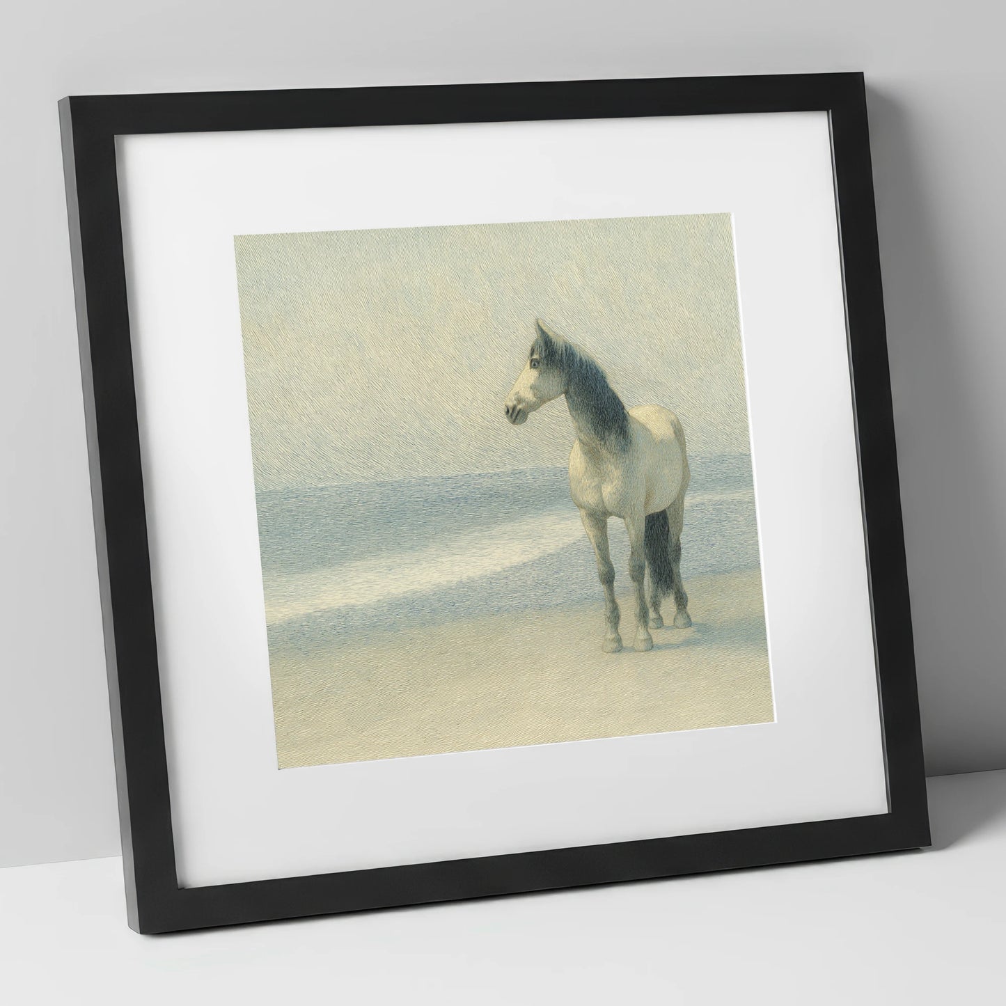 Solitary Shoreline Grey horse landscape art print in black frame