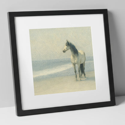 Solitary Shoreline Grey horse landscape art print in black frame