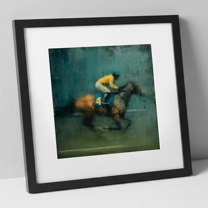 Velocity in Yellow racing horse art print in black frame