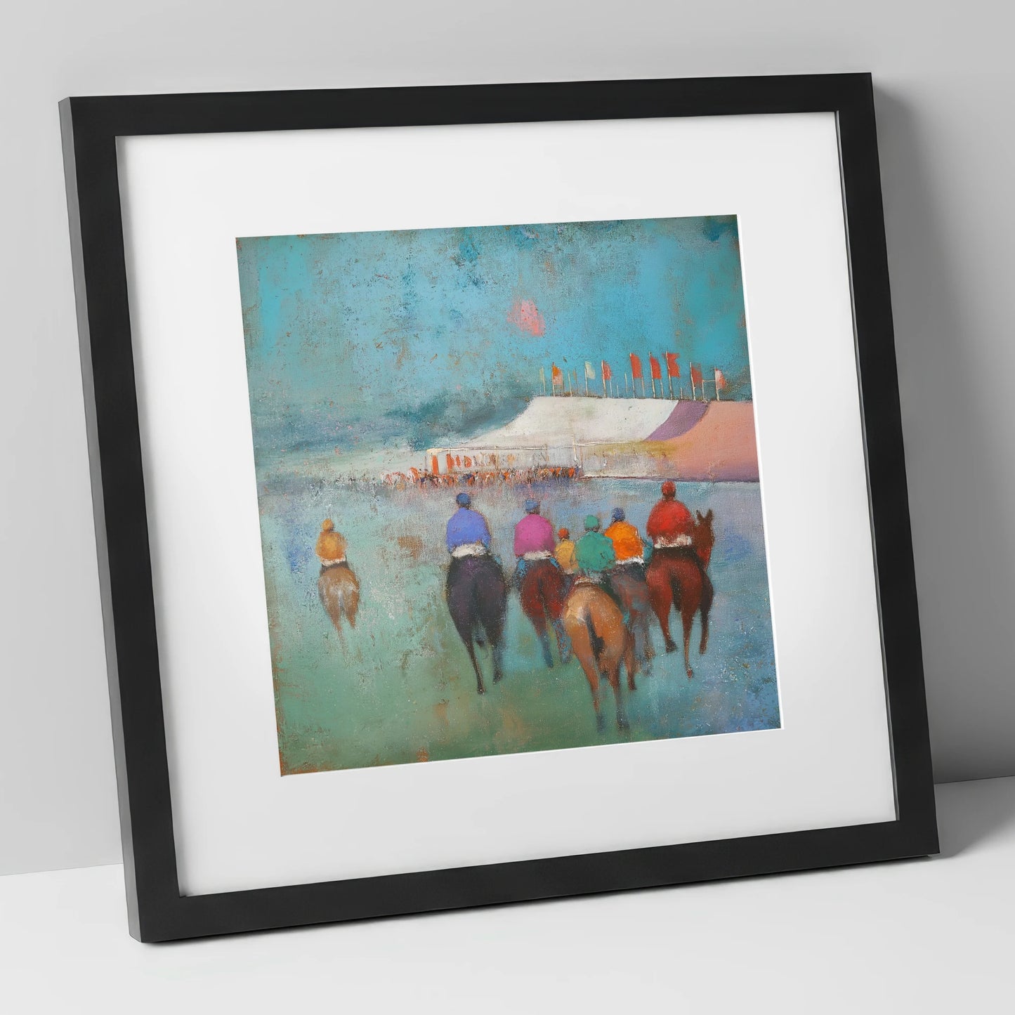 Heading to the Post racing horse art print in black frame