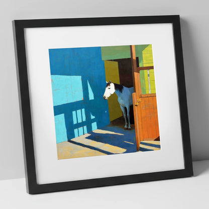 Sunlight on the Yard horse stable art print in black frame