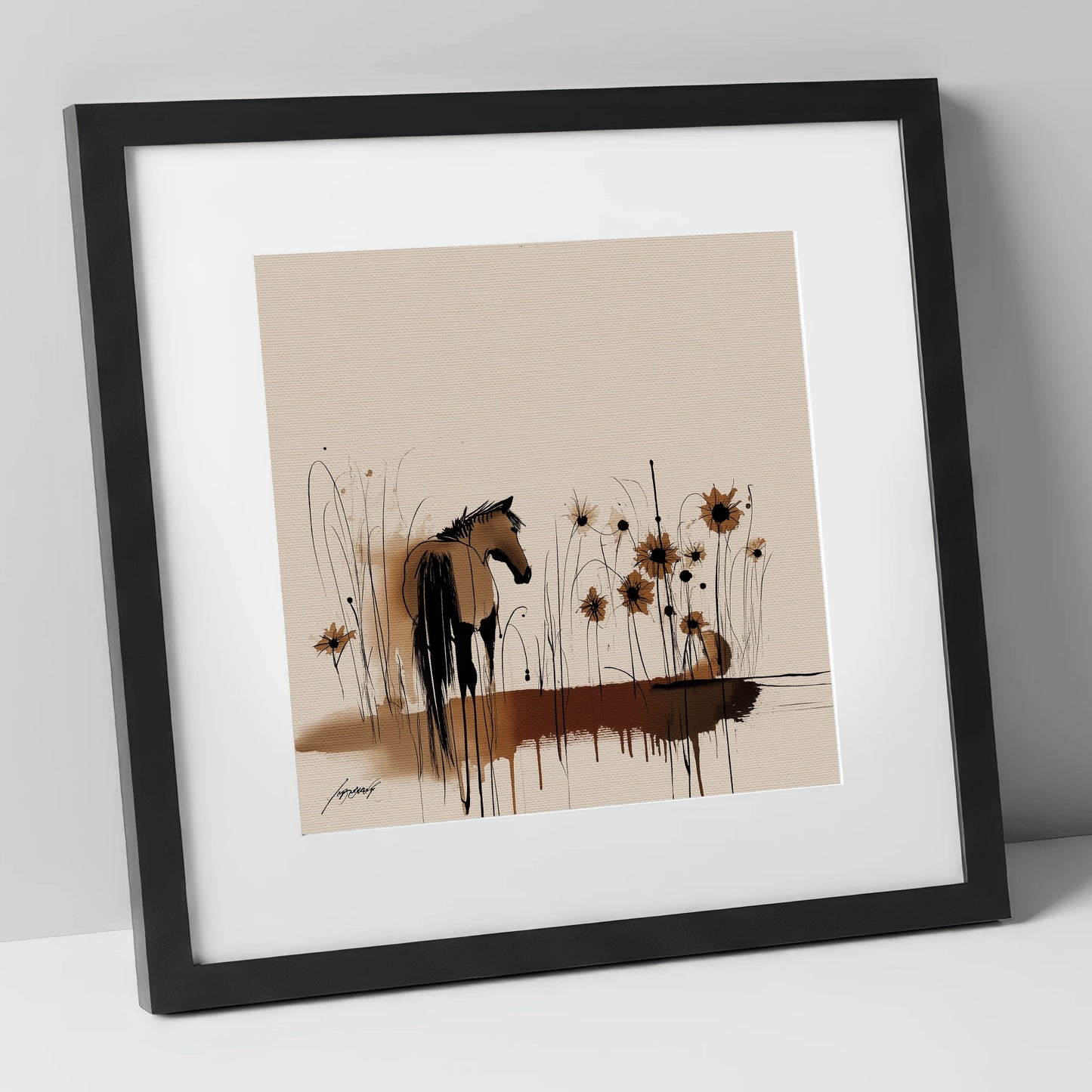 Sepia Meadow Silhouette horse landscape art print in black frame