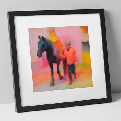 Radiant Companions horse & rider art print in black frame