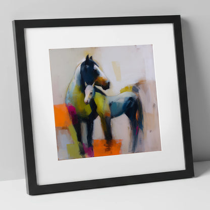 Vibrant Mare and Foal mare & foal art print in black frame