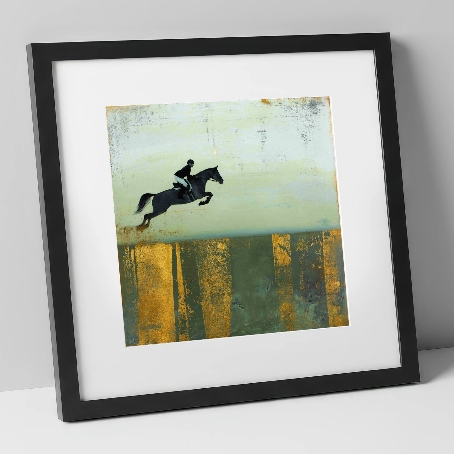 Gilded Flight show jumping horse art print in black frame
